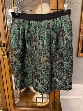 Rare Collectible Chris Benz Metallic Green and Black Textured A-Line Skirt